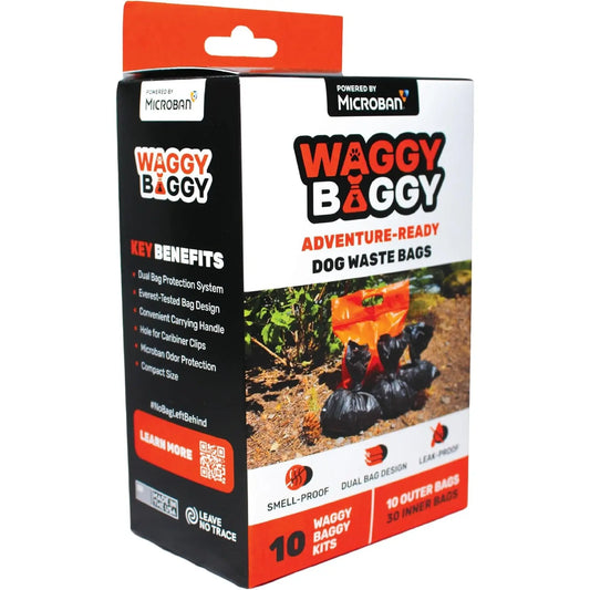 Cleanwaste Waggy Baggy, Adventure Ready Dog Waste Bags with Smell-Proof, Dual Bag System, with Convenient Carry Handle, 10Ct