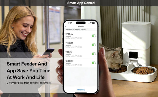BOMUU Automatic Pet Feeder, Dual Stainless Steel Bowls,1080P HD Camera, APP Remote Feeding, 2.4G Wifi, Timed & Portion Control, Two-Way Audio, 10S Voice Record, 8 Meals per Day, Food Dispenser for Cats & Dogs, 6L Large Capacity